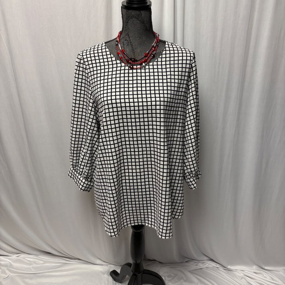 Adrianna Papell Blouse Womens Size Large Black White Windowpane Puff Sleeve Top